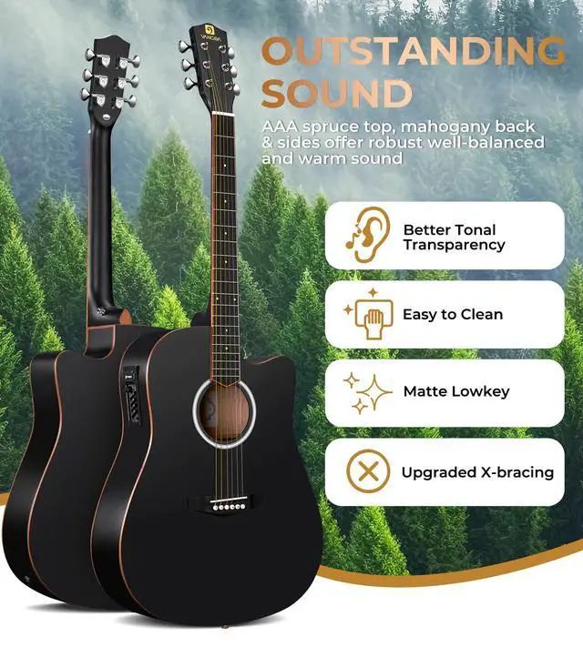 Alt view image 2 of 7 - Acoustic Electric Guitar Bundle for Beginners Adults Teens Full Size Cutaway Acoustic Guitar with Built-in Pickups, Wooden Bindings, Upgraded Starter Kit, Matte Black