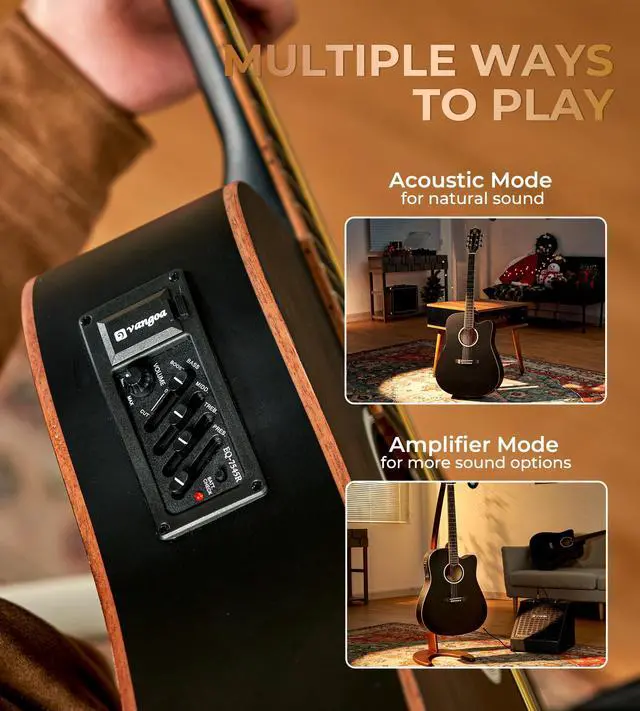 Alt view image 3 of 7 - Acoustic Electric Guitar Bundle for Beginners Adults Teens Full Size Cutaway Acoustic Guitar with Built-in Pickups, Wooden Bindings, Upgraded Starter Kit, Matte Black