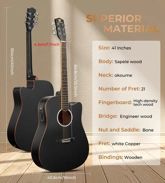 Alt view image 6 of 7 - Acoustic Electric Guitar Bundle for Beginners Adults Teens Full Size Cutaway Acoustic Guitar with Built-in Pickups, Wooden Bindings, Upgraded Starter Kit, Matte Black