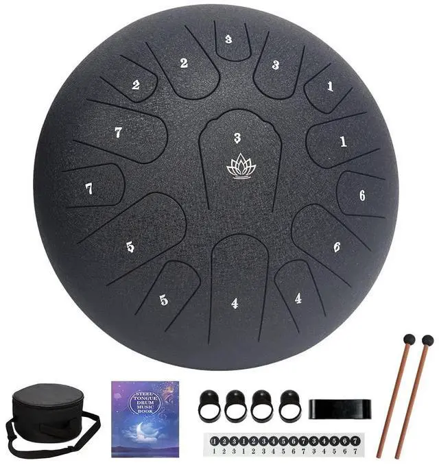 Main image of Rain Drum for Outside Garden,Steel Tongue Drum 12 Inches 15 Notes Musical Instruments, Handpan Drum Percussion Instrument, with Soft Bag, Music Book, 2 Mallets, for Meditation or Yoga (Black)