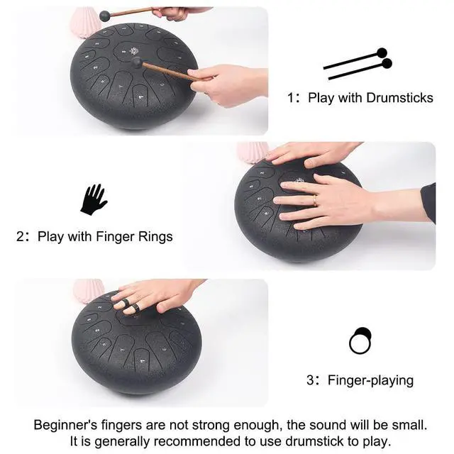 Alt view image 4 of 6 - Rain Drum for Outside Garden,Steel Tongue Drum 12 Inches 15 Notes Musical Instruments, Handpan Drum Percussion Instrument, with Soft Bag, Music Book, 2 Mallets, for Meditation or Yoga (Black)