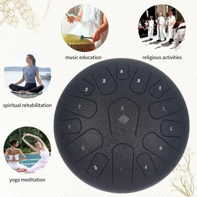 Alt view image 6 of 6 - Rain Drum for Outside Garden,Steel Tongue Drum 12 Inches 15 Notes Musical Instruments, Handpan Drum Percussion Instrument, with Soft Bag, Music Book, 2 Mallets, for Meditation or Yoga (Black)