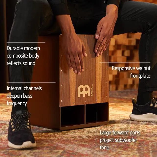 Alt view image 3 of 7 - Bass Cajon Subwoofer Snare Sit-On Box Drum | NOT MADE IN CHINA, Jumbo Size, Front Sound Ports, Walnut Frontplate, Silicone Feet For All Settings