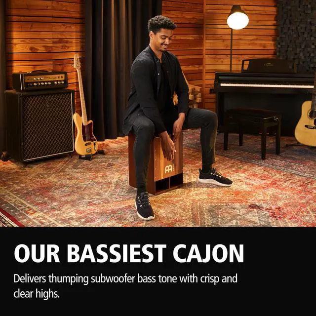 Alt view image 2 of 7 - Bass Cajon Subwoofer Snare Sit-On Box Drum | NOT MADE IN CHINA, Jumbo Size, Front Sound Ports, Walnut Frontplate, Silicone Feet For All Settings