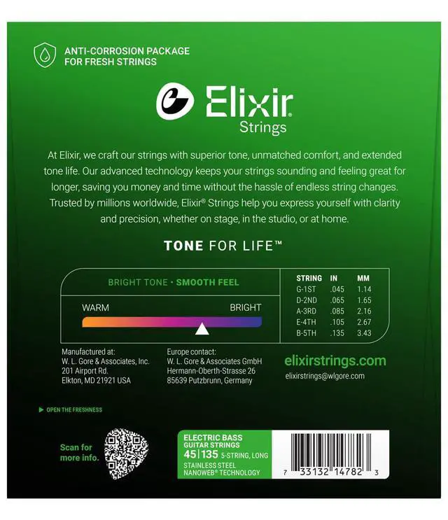 Alt view image 2 of 7 - Strings, Electric Bass Guitar Strings, Stainless Steel with NANOWEB Technology, Longest-Lasting Bright Tone with Comfortable Feel, 5-String Set, Long Scale, Light/Medium 45-135