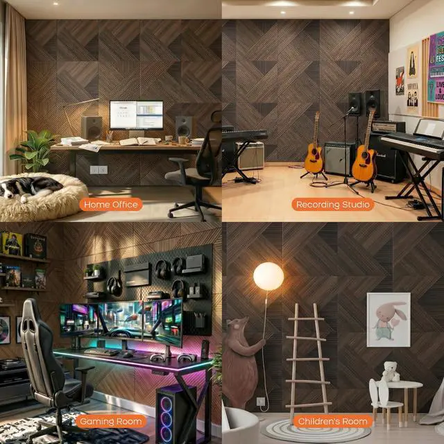 Alt view image 6 of 7 - 6 Pack Wood Wall Panel,23.6"x23.6" Peel and Stick Faux Acousitc Panel | Luxury Walnut Woodgrain Textured Panel for Wall & Home Decor - Self Adhesive Sound Absorbing for Studio,Office, Living Room