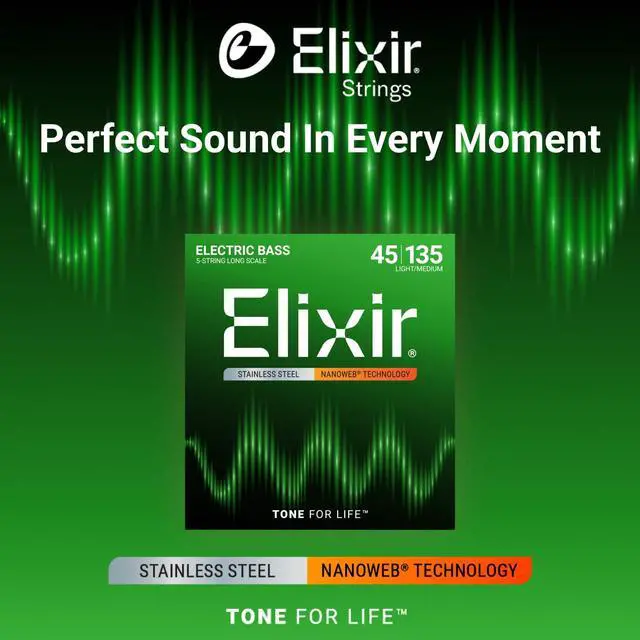 Alt view image 3 of 7 - Strings, Electric Bass Guitar Strings, Stainless Steel with NANOWEB Technology, Longest-Lasting Bright Tone with Comfortable Feel, 5-String Set, Long Scale, Light/Medium 45-135