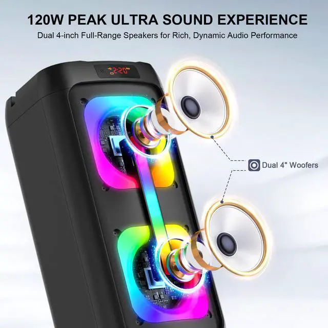 Alt view image 2 of 7 - Karaoke Machine with 2 Wireless Microphones, Portable PA System with LED Lights, Bluetoot 5.4, Party Speaker Supports Type-C, USB, AUX, TF, TWS for Home Outdoor and Gift