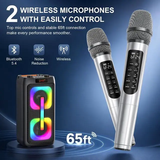 Alt view image 3 of 7 - Karaoke Machine with 2 Wireless Microphones, Portable PA System with LED Lights, Bluetoot 5.4, Party Speaker Supports Type-C, USB, AUX, TF, TWS for Home Outdoor and Gift
