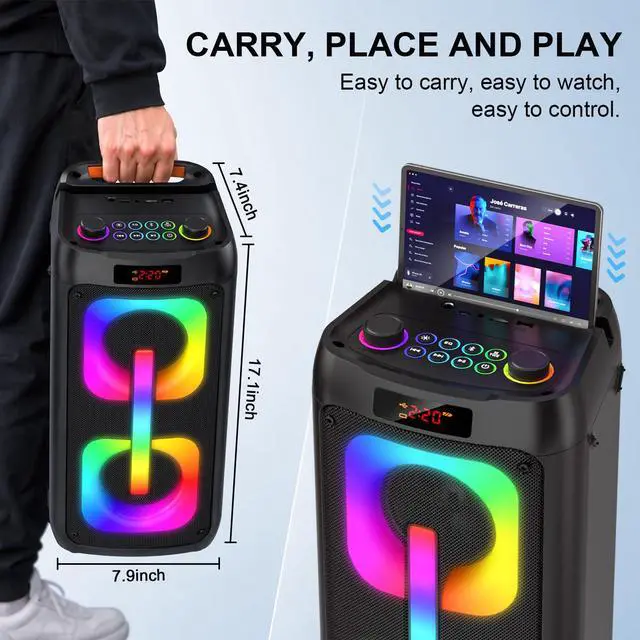 Alt view image 4 of 7 - Karaoke Machine with 2 Wireless Microphones, Portable PA System with LED Lights, Bluetoot 5.4, Party Speaker Supports Type-C, USB, AUX, TF, TWS for Home Outdoor and Gift