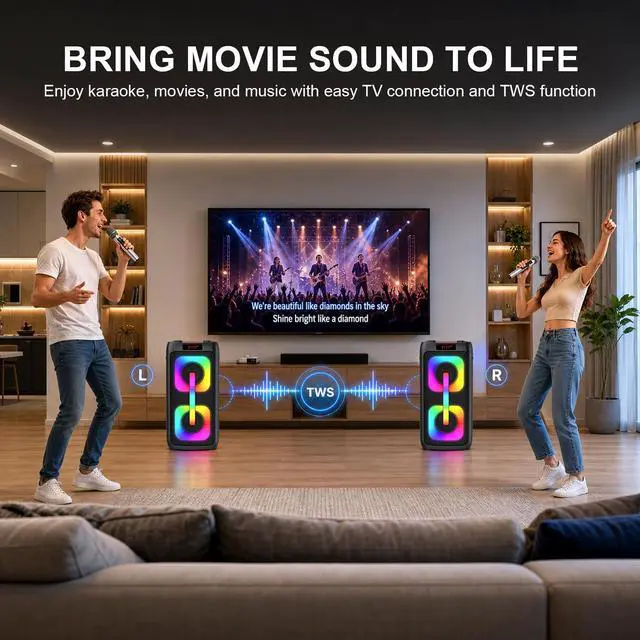Alt view image 6 of 7 - Karaoke Machine with 2 Wireless Microphones, Portable PA System with LED Lights, Bluetoot 5.4, Party Speaker Supports Type-C, USB, AUX, TF, TWS for Home Outdoor and Gift