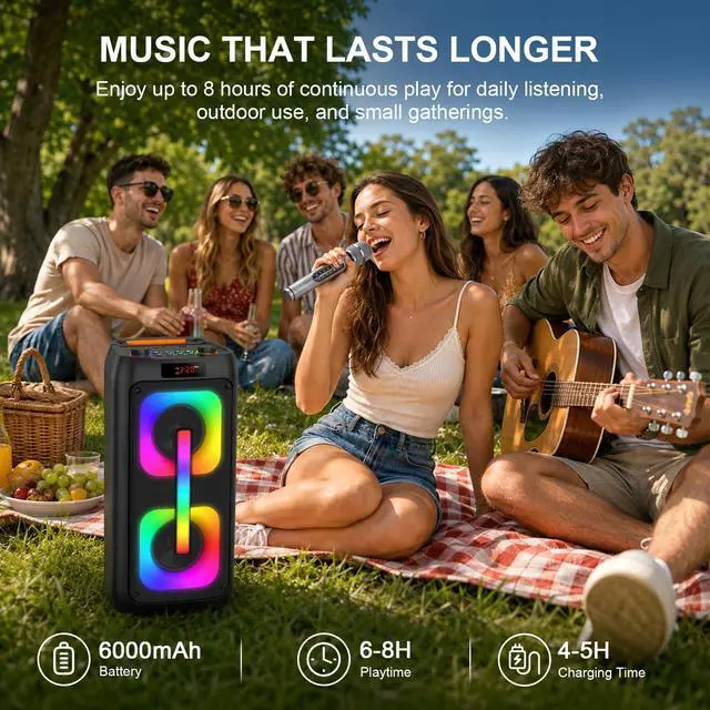 Alt view image 5 of 7 - Karaoke Machine with 2 Wireless Microphones, Portable PA System with LED Lights, Bluetoot 5.4, Party Speaker Supports Type-C, USB, AUX, TF, TWS for Home Outdoor and Gift