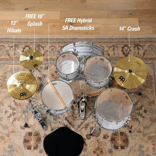 Alt view image 3 of 7 - Meinl Cymbals HCS Box Set Cymbals for Drums MADE IN GERMANY | 13" Hihats, 14" Crash, 10" Splash, Sticks, and Lessons Durable Brass Alloy, Bright & Musical Sound, Beginner Friendly