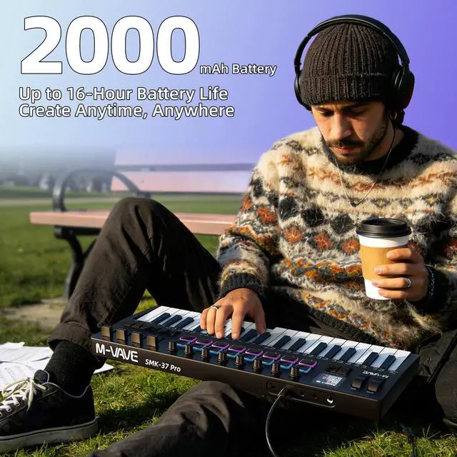 Alt view image 2 of 7 - Midi Keyboard Controller 37 Key Portable Mini Bluetooth & USB Midi Piano with 16 Backlit Drum Pad, 8 Knobs and Music Production Software for Beginners and Producers