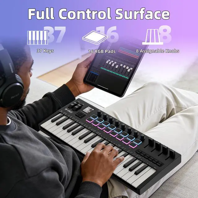 Alt view image 3 of 7 - Midi Keyboard Controller 37 Key Portable Mini Bluetooth & USB Midi Piano with 16 Backlit Drum Pad, 8 Knobs and Music Production Software for Beginners and Producers