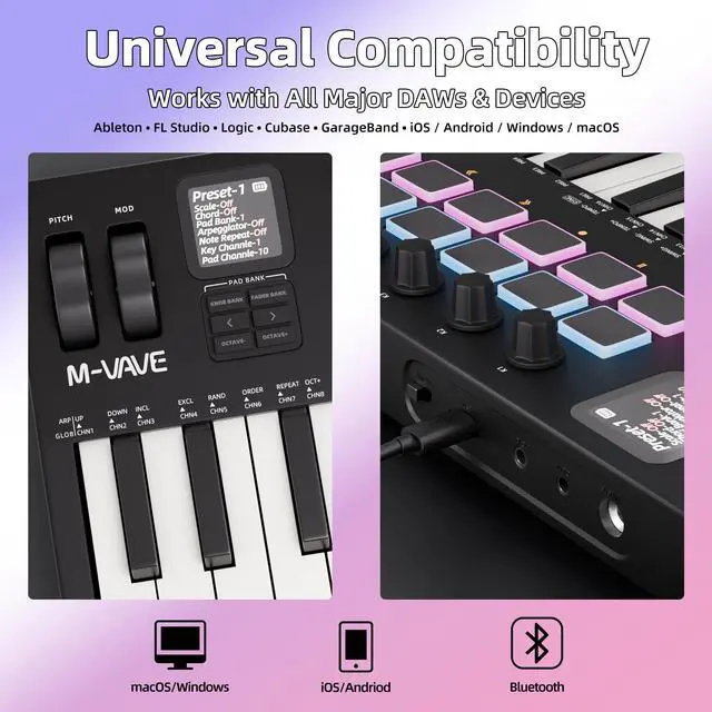 Alt view image 5 of 7 - Midi Keyboard Controller 37 Key Portable Mini Bluetooth & USB Midi Piano with 16 Backlit Drum Pad, 8 Knobs and Music Production Software for Beginners and Producers