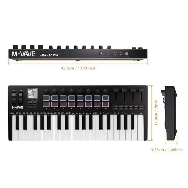 Alt view image 7 of 7 - Midi Keyboard Controller 37 Key Portable Mini Bluetooth & USB Midi Piano with 16 Backlit Drum Pad, 8 Knobs and Music Production Software for Beginners and Producers