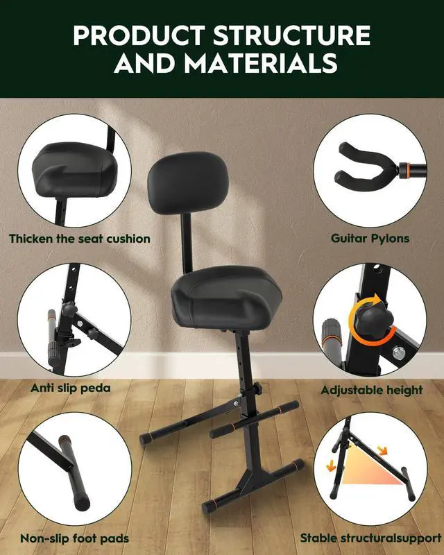 Alt view image 5 of 7 - Guitar Stool with Backrest, Adjustable Stool | Height Adjustable Seat with Hanger for Acoustic Electric Bass Guitars, Drum Throne for Adults, Drummer and Guitarist SGT-40