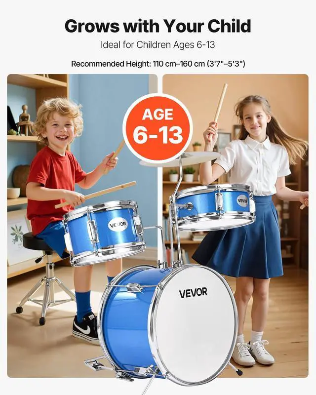 Alt view image 2 of 7 - Kids Drum Set, 3-Piece 14 in Junior Drum Sets, Beginner Drums Set with Adjustable Throne, Cymbal & Two Pairs of Drumsticks, Musical Learning Drums Instruments Kit, for Children Ages 6-13 (Blue)