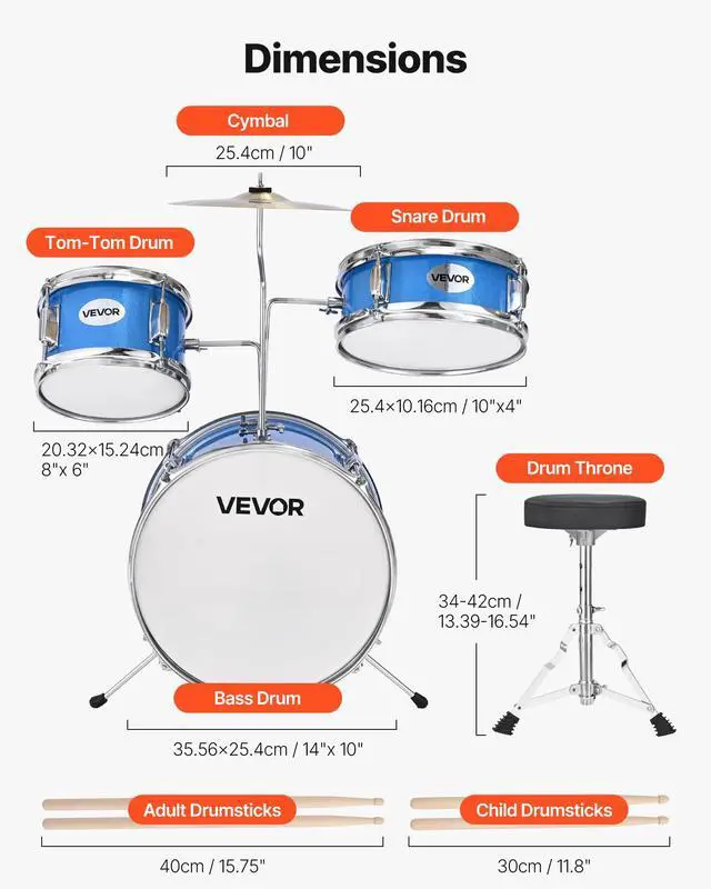 Alt view image 3 of 7 - Kids Drum Set, 3-Piece 14 in Junior Drum Sets, Beginner Drums Set with Adjustable Throne, Cymbal & Two Pairs of Drumsticks, Musical Learning Drums Instruments Kit, for Children Ages 6-13 (Blue)