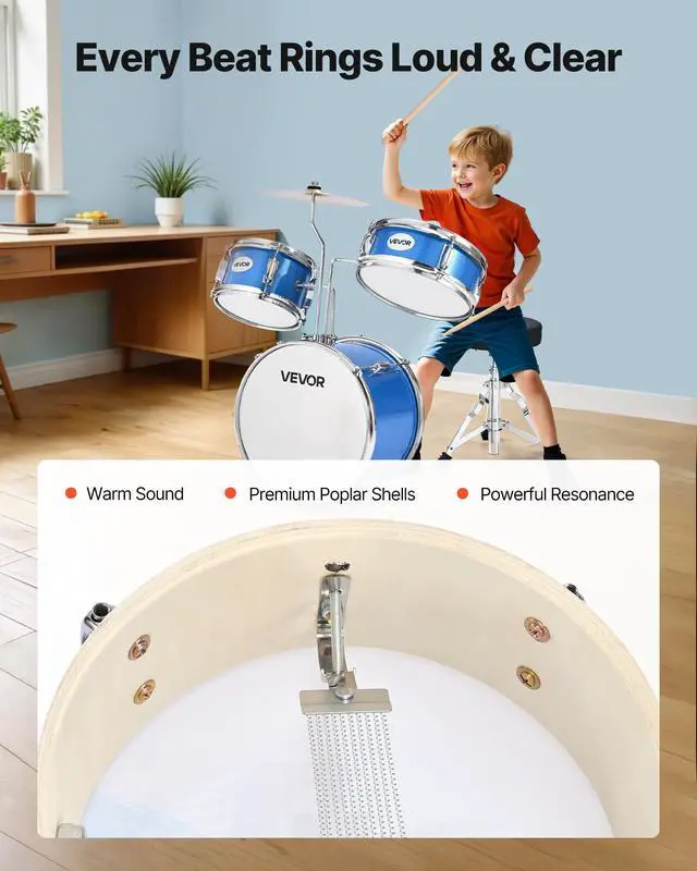 Alt view image 4 of 7 - Kids Drum Set, 3-Piece 14 in Junior Drum Sets, Beginner Drums Set with Adjustable Throne, Cymbal & Two Pairs of Drumsticks, Musical Learning Drums Instruments Kit, for Children Ages 6-13 (Blue)