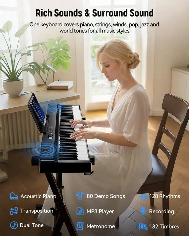 Alt view image 3 of 7 - Folding Keyboard Piano, Upgraded 88 Key Full Size Portable Semi Weighted Electric Piano Keyboard with 30W Stereo Surround Speaker, USB MIDI, Sustain Pedal for Beginners & Adults (Black)