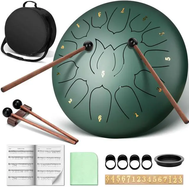 Main image of Steel Tongue Drum 12-Inch: 13 Notes Steel Percussion Hand Drum with Music Score Drum Mallets Finger Paddles and Carry Bag for Meditation Entertainment Musical Education Sage Green CY00374-1