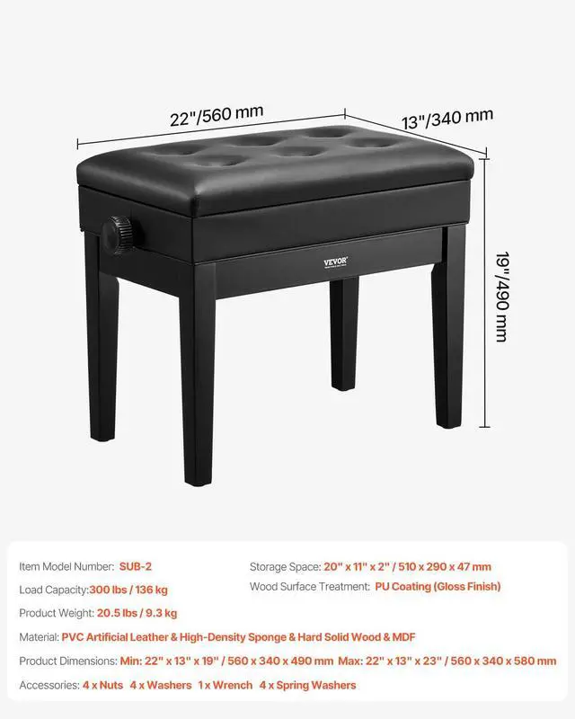 Alt view image 3 of 7 - Piano Bench 22" x 13" x 19.3" Keyboard Chair 19.3"-22.8" Adjustable | for Vanity Living Room, Padded Cushion, 300 lbs Capacity, Wooden Piano Stool Seat, with Storage Compartment for Music Books