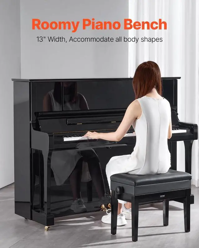 Alt view image 4 of 7 - Piano Bench 22" x 13" x 19.3" Keyboard Chair 19.3"-22.8" Adjustable | for Vanity Living Room, Padded Cushion, 300 lbs Capacity, Wooden Piano Stool Seat, with Storage Compartment for Music Books