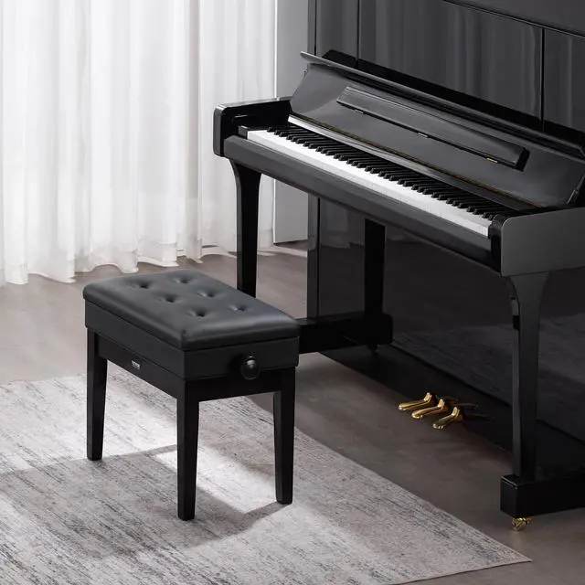 Alt view image 2 of 7 - Piano Bench 22" x 13" x 19.3" Keyboard Chair 19.3"-22.8" Adjustable | for Vanity Living Room, Padded Cushion, 300 lbs Capacity, Wooden Piano Stool Seat, with Storage Compartment for Music Books