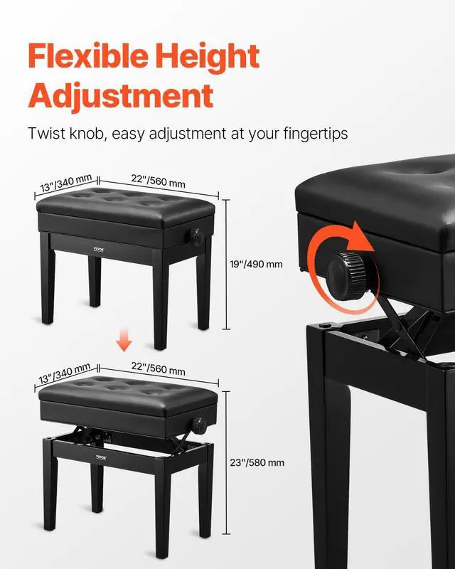 Alt view image 6 of 7 - Piano Bench 22" x 13" x 19.3" Keyboard Chair 19.3"-22.8" Adjustable | for Vanity Living Room, Padded Cushion, 300 lbs Capacity, Wooden Piano Stool Seat, with Storage Compartment for Music Books