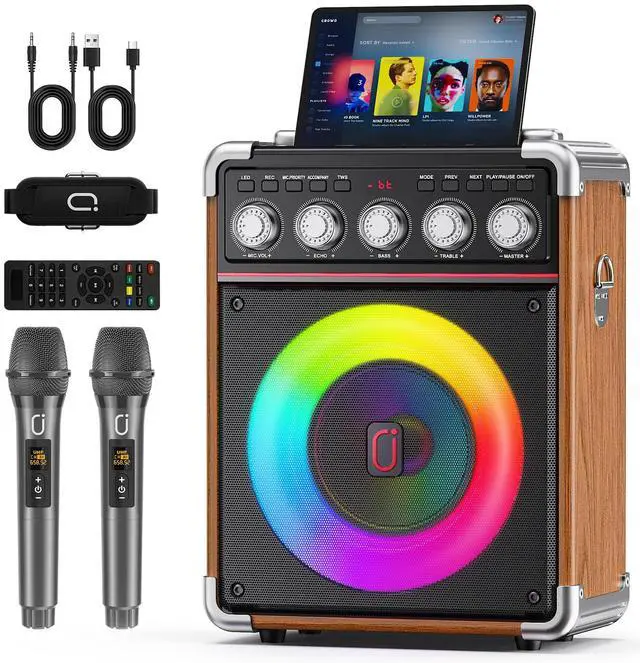 Main image of Karaoke Machine for Adults with 2 Wireless Microphones, Portable Bluetooth 5.3 Speaker with Bass/Treble/Echo Adjustment, PA System with Remote Control, Supports TWS/TV/TF Card/USB/AUX (Wood)