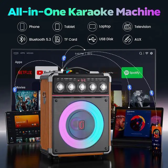 Alt view image 3 of 7 - Karaoke Machine for Adults with 2 Wireless Microphones, Portable Bluetooth 5.3 Speaker with Bass/Treble/Echo Adjustment, PA System with Remote Control, Supports TWS/TV/TF Card/USB/AUX (Wood)