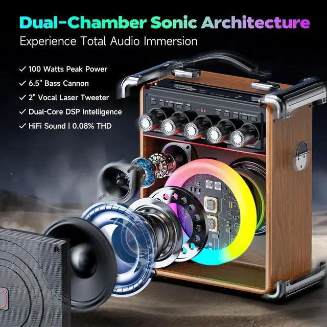 Alt view image 2 of 7 - Karaoke Machine for Adults with 2 Wireless Microphones, Portable Bluetooth 5.3 Speaker with Bass/Treble/Echo Adjustment, PA System with Remote Control, Supports TWS/TV/TF Card/USB/AUX (Wood)