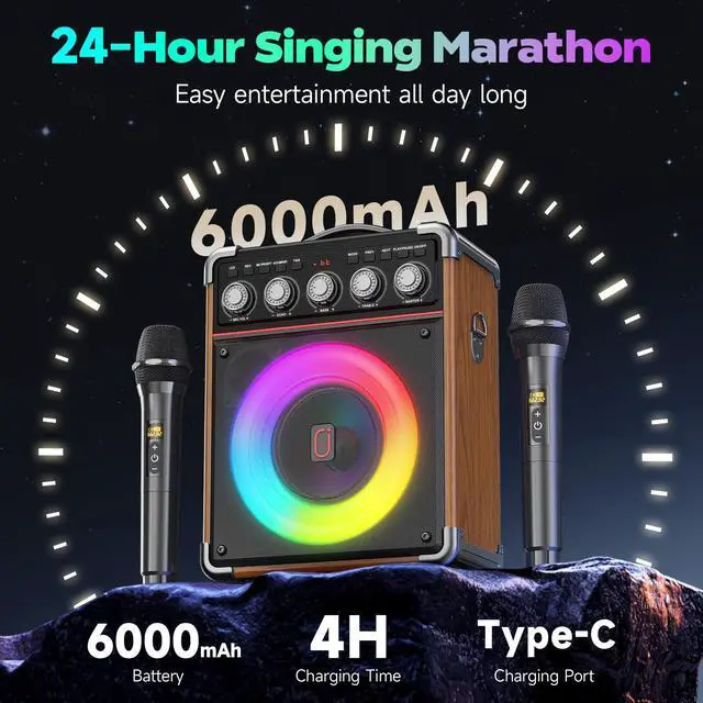 Alt view image 5 of 7 - Karaoke Machine for Adults with 2 Wireless Microphones, Portable Bluetooth 5.3 Speaker with Bass/Treble/Echo Adjustment, PA System with Remote Control, Supports TWS/TV/TF Card/USB/AUX (Wood)