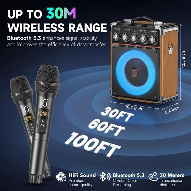 Alt view image 7 of 7 - Karaoke Machine for Adults with 2 Wireless Microphones, Portable Bluetooth 5.3 Speaker with Bass/Treble/Echo Adjustment, PA System with Remote Control, Supports TWS/TV/TF Card/USB/AUX (Wood)