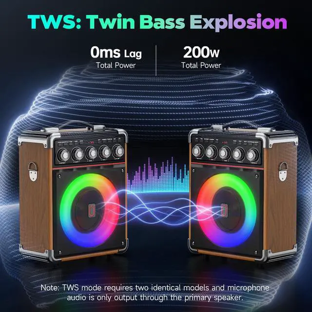 Alt view image 4 of 7 - Karaoke Machine for Adults with 2 Wireless Microphones, Portable Bluetooth 5.3 Speaker with Bass/Treble/Echo Adjustment, PA System with Remote Control, Supports TWS/TV/TF Card/USB/AUX (Wood)