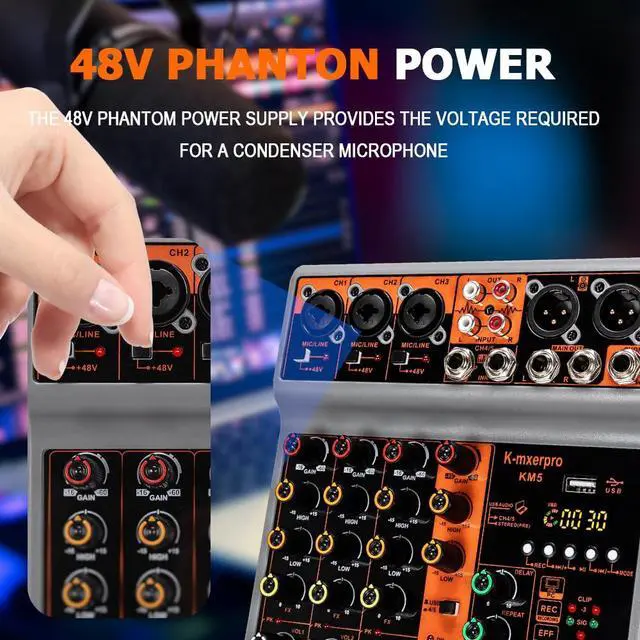 Alt view image 4 of 7 - 5 Channel Professional Audio Mixer Console Sound Board with 48V Phantom Power,USB Audio Interface for Live Show,Streaming Recording Music Stage Karaoke