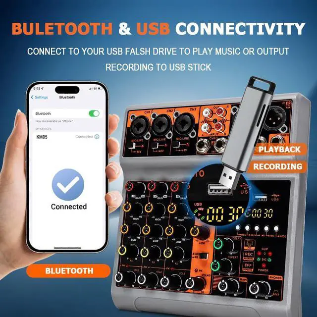 Alt view image 5 of 7 - 5 Channel Professional Audio Mixer Console Sound Board with 48V Phantom Power,USB Audio Interface for Live Show,Streaming Recording Music Stage Karaoke