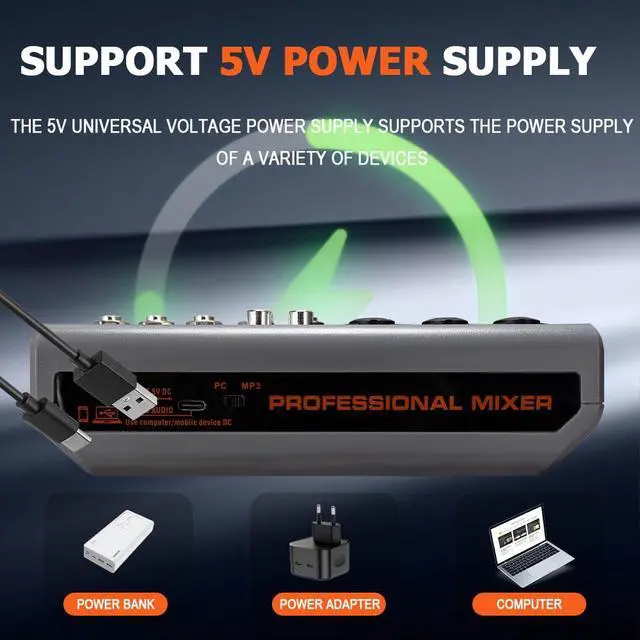 Alt view image 6 of 7 - 5 Channel Professional Audio Mixer Console Sound Board with 48V Phantom Power,USB Audio Interface for Live Show,Streaming Recording Music Stage Karaoke