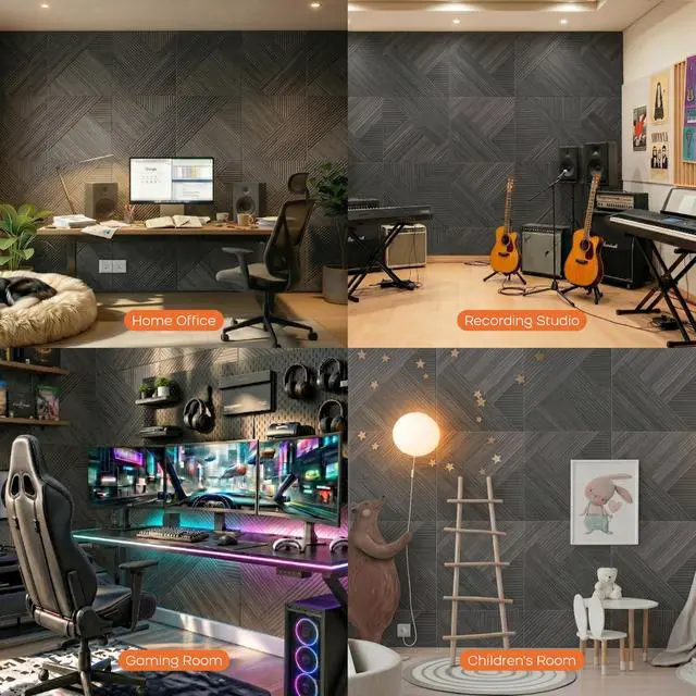 Alt view image 6 of 7 - 6 Pack Wood Wall Panel,23.6"x23.6" Peel and Stick Faux Acousitc Panel | Luxury Black Woodgrain Textured Panel for Wall & Home Decor - Self Adhesive Sound Absorbing for Studio,Office, Living Room