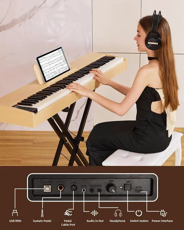 Alt view image 5 of 7 - Digital Piano 88 key Semi Weighted Keyboard With X Stand & Sustain Pedal, Full-Size Beginner Electric Piano For Bluetooth, Headphone Mode, USB-MIDI