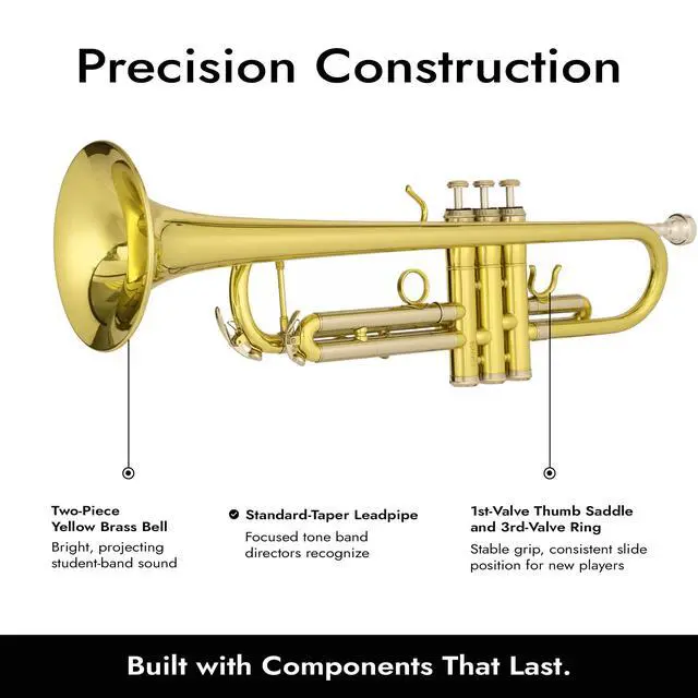 Alt view image 4 of 7 - Jean Paul TR-330 Student Bb Trumpet, Two-Piece Yellow Brass Bell, Stainless Steel Valves, U.S. Play-Tested, Gold Lacquer Finish, 7C Mouthpiece and Semi-Hard Case Included
