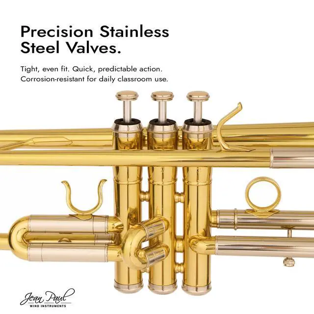 Alt view image 5 of 7 - Jean Paul TR-330 Student Bb Trumpet, Two-Piece Yellow Brass Bell, Stainless Steel Valves, U.S. Play-Tested, Gold Lacquer Finish, 7C Mouthpiece and Semi-Hard Case Included