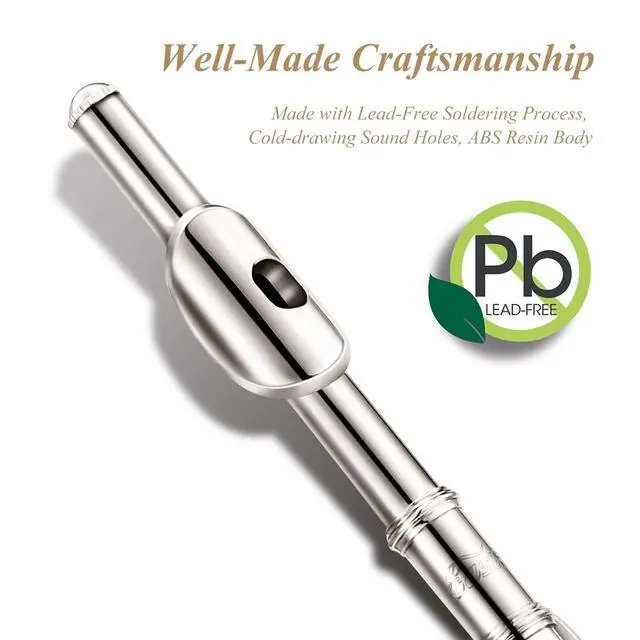 Alt view image 2 of 7 - Piccolo Instrument for Beginners Students, Key of C Flute, Hard Case, Cleaning Kit, Gloves, 2-Piece, Silver Plated, EPC-2S