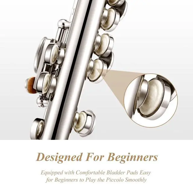 Alt view image 3 of 7 - Piccolo Instrument for Beginners Students, Key of C Flute, Hard Case, Cleaning Kit, Gloves, 2-Piece, Silver Plated, EPC-2S