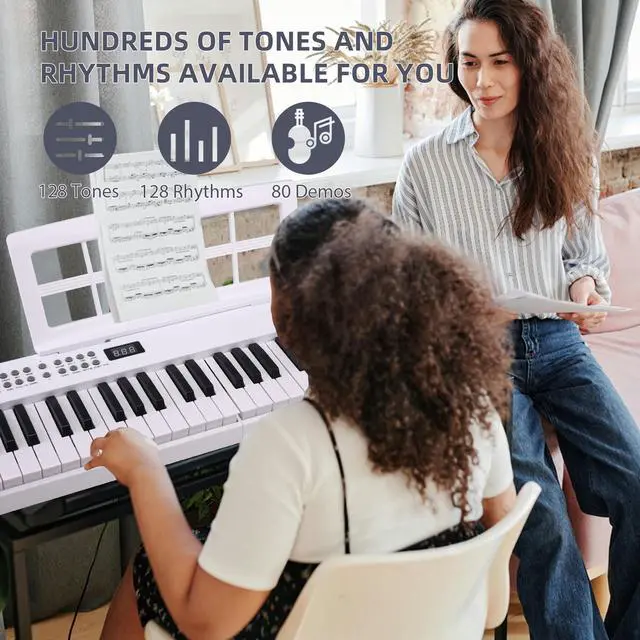 Alt view image 3 of 7 - 61 Key Folding Electric Piano Keyboard, Foldable Piano Electronic Keyboard, Wireless 128 Tones, 128 Rhythms Includes Pedal, Gig Bag, Headphones for Beginners, Students, Adults (White-Black)