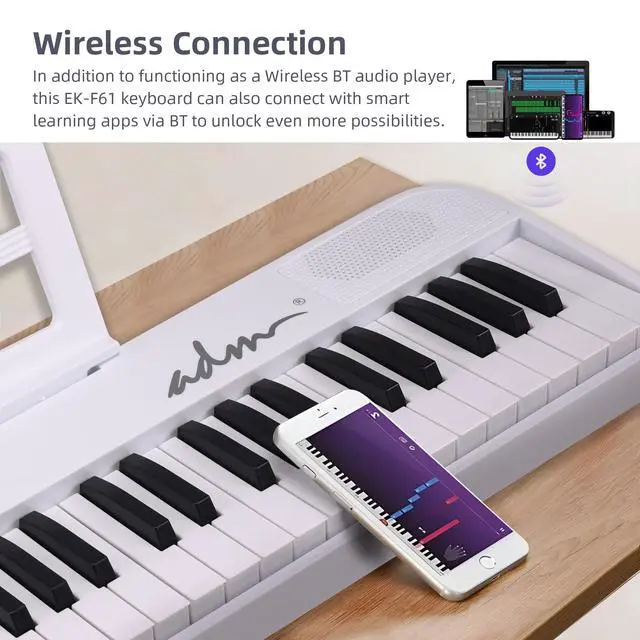 Alt view image 5 of 7 - 61 Key Folding Electric Piano Keyboard, Foldable Piano Electronic Keyboard, Wireless 128 Tones, 128 Rhythms Includes Pedal, Gig Bag, Headphones for Beginners, Students, Adults (White-Black)