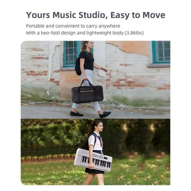Alt view image 6 of 7 - 61 Key Folding Electric Piano Keyboard, Foldable Piano Electronic Keyboard, Wireless 128 Tones, 128 Rhythms Includes Pedal, Gig Bag, Headphones for Beginners, Students, Adults (White-Black)