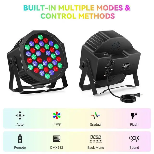 Alt view image 3 of 7 - 36LEDs RGB Stage Lights 4Pack: 36W Par Light- Remote & DMX Control - Sound Activated Corded Electric Uplights for Events Wedding Party Club Band Music Dance DJ Live Show Church Lighting